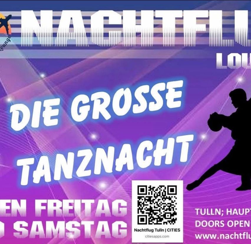 Ein Plakat bewirbt die große Tanznacht am Freitag in Tulln mit einer Silhouette eines tanzenden Paares und einem QR-Code.