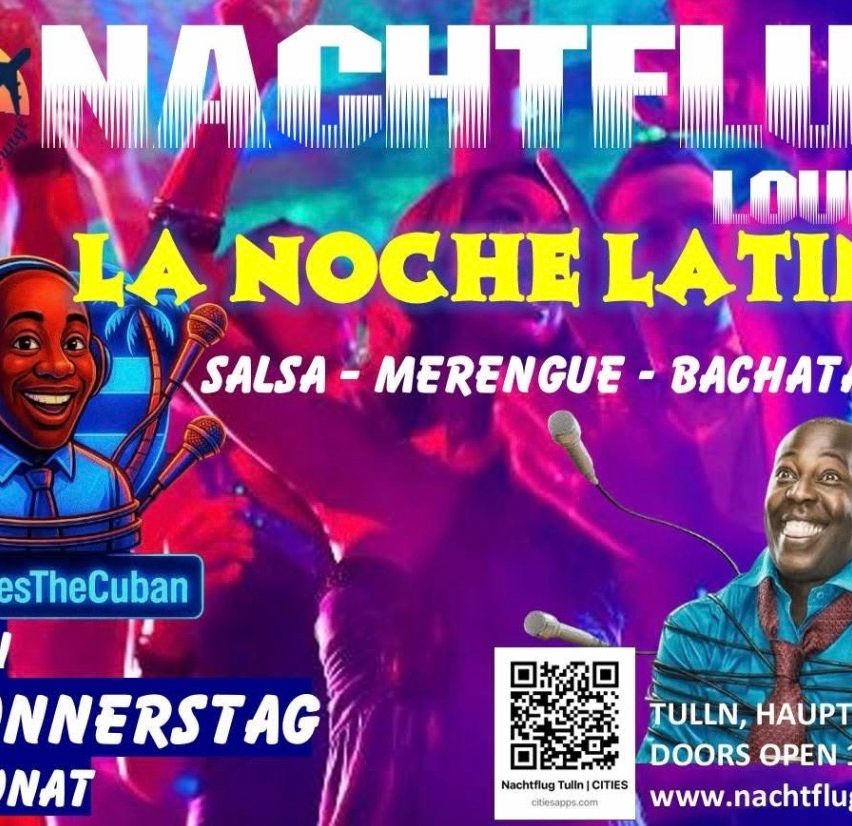 Plakat für Nachtflug Tuilin mit einem lächelnden Mann und einem QR-Code. Das Event beinhaltet Salsa, Merengue und Bachata. Beginn um 20 Uhr.