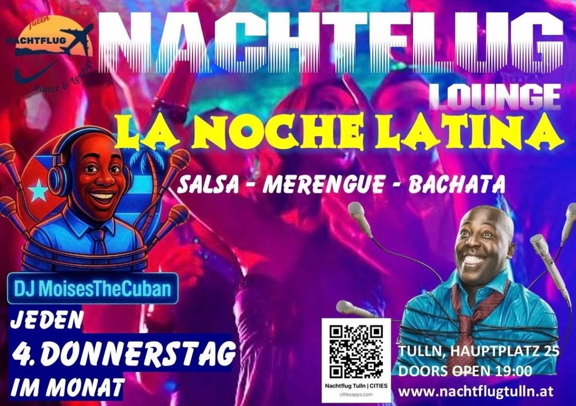 Plakat für Nachtflug Tuilin mit einem lächelnden Mann und einem QR-Code. Das Event beinhaltet Salsa, Merengue und Bachata. Beginn um 20 Uhr.