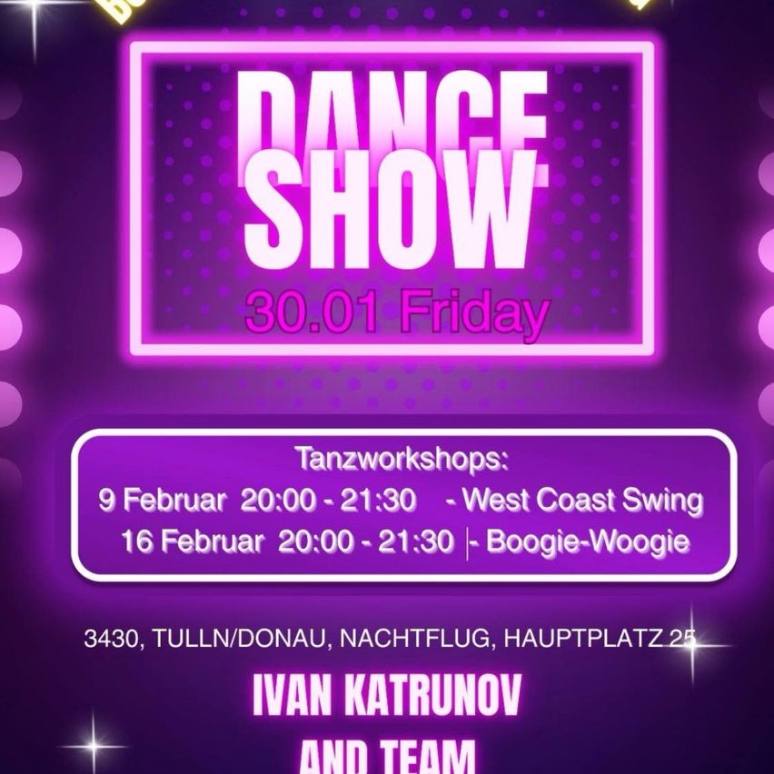 Ein Tanzshow-Event wird auf einem lila Hintergrund beworben. Es bietet Tanzworkshops für West Coast Swing und Boogie-Woogie. Die Veranstaltung findet am 9. und 16. Februar statt.