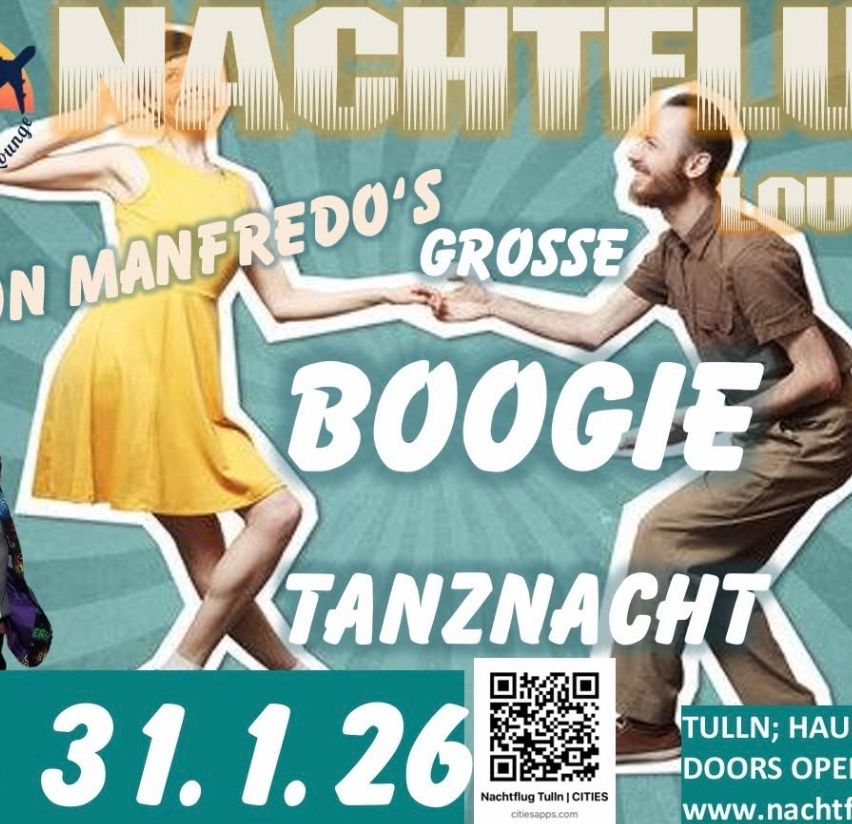 Plakat für Nachtfleu's große Boogie-Tanznacht bei Manfredo's am 31. Januar 2026. Ein Mann und eine Frau tanzen. QR-Code für Tickets.
