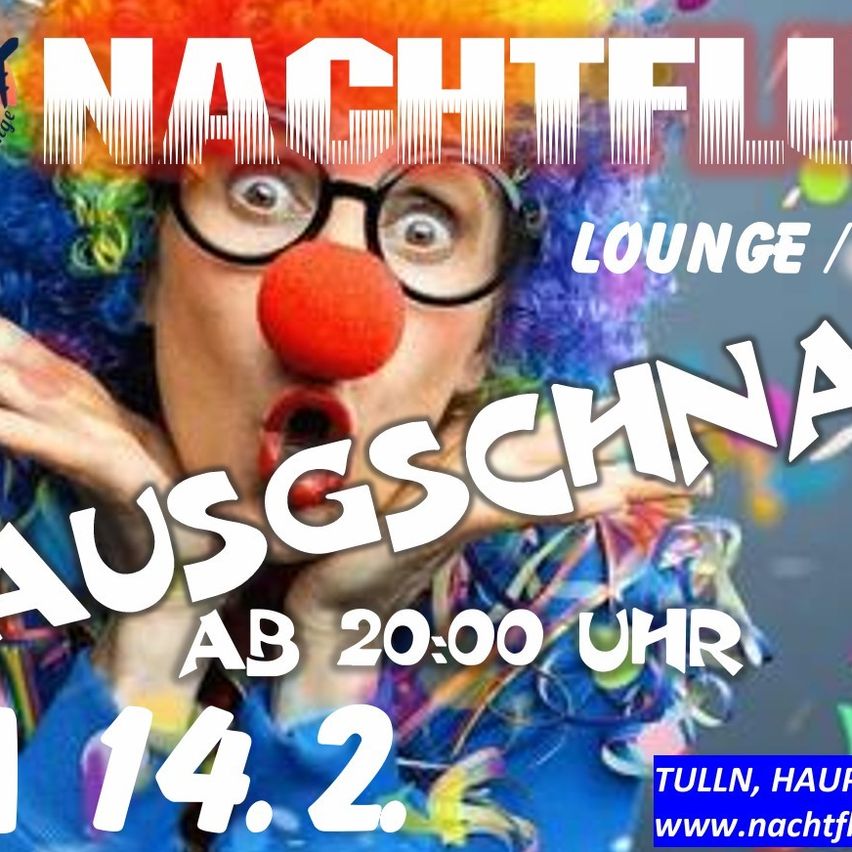 Plakat für Nachtflug Lounge mit einem Clown mit roter Nase und Brille, öffnet um 20 Uhr am 14. Februar.
