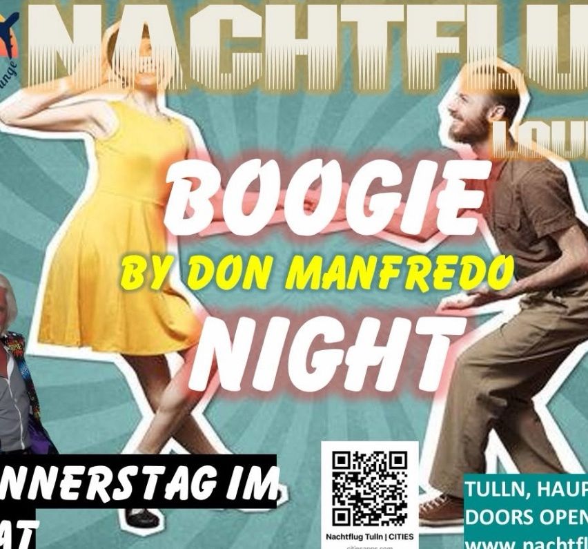 Ein Werbeplakat für Boogie Night von Don Manfredo, mit einem Mann und einer Frau beim Tanzen, mit Text auf Deutsch.