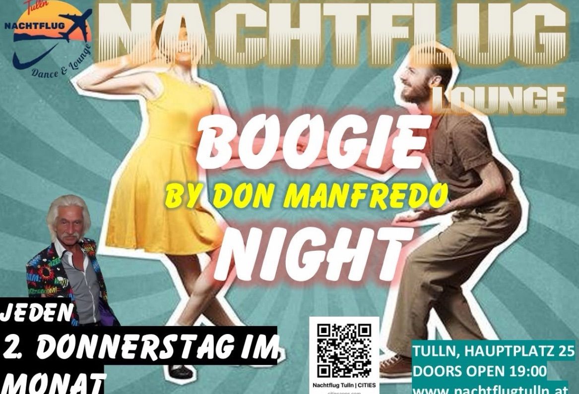 Ein Werbeplakat für Boogie Night von Don Manfredo, mit einem Mann und einer Frau beim Tanzen, mit Text auf Deutsch.