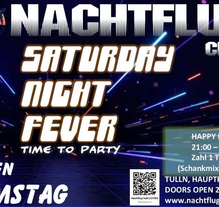 Nachtfieber-Werbeposter für Samstagabend. Es ist 21:00 Uhr und die Türen öffnen sich am Tulln, Hauptplatz. QR-Code enthalten.