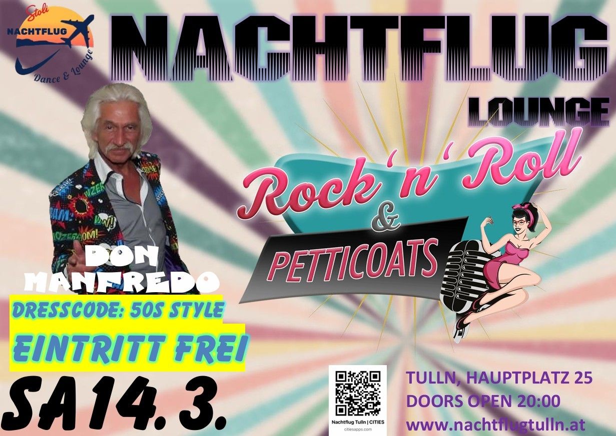 Ein Poster für die Nachtflug Lounge Rock n' Roll Veranstaltung zeigt Don Fredo, einen Mann mit weißen Haaren, in einem farbenfrohen Outfit. Es zeigt auch eine Frau in einem roten Kleid, die ein Mikrofon hält. Die Veranstaltung beginnt am 14. März.
