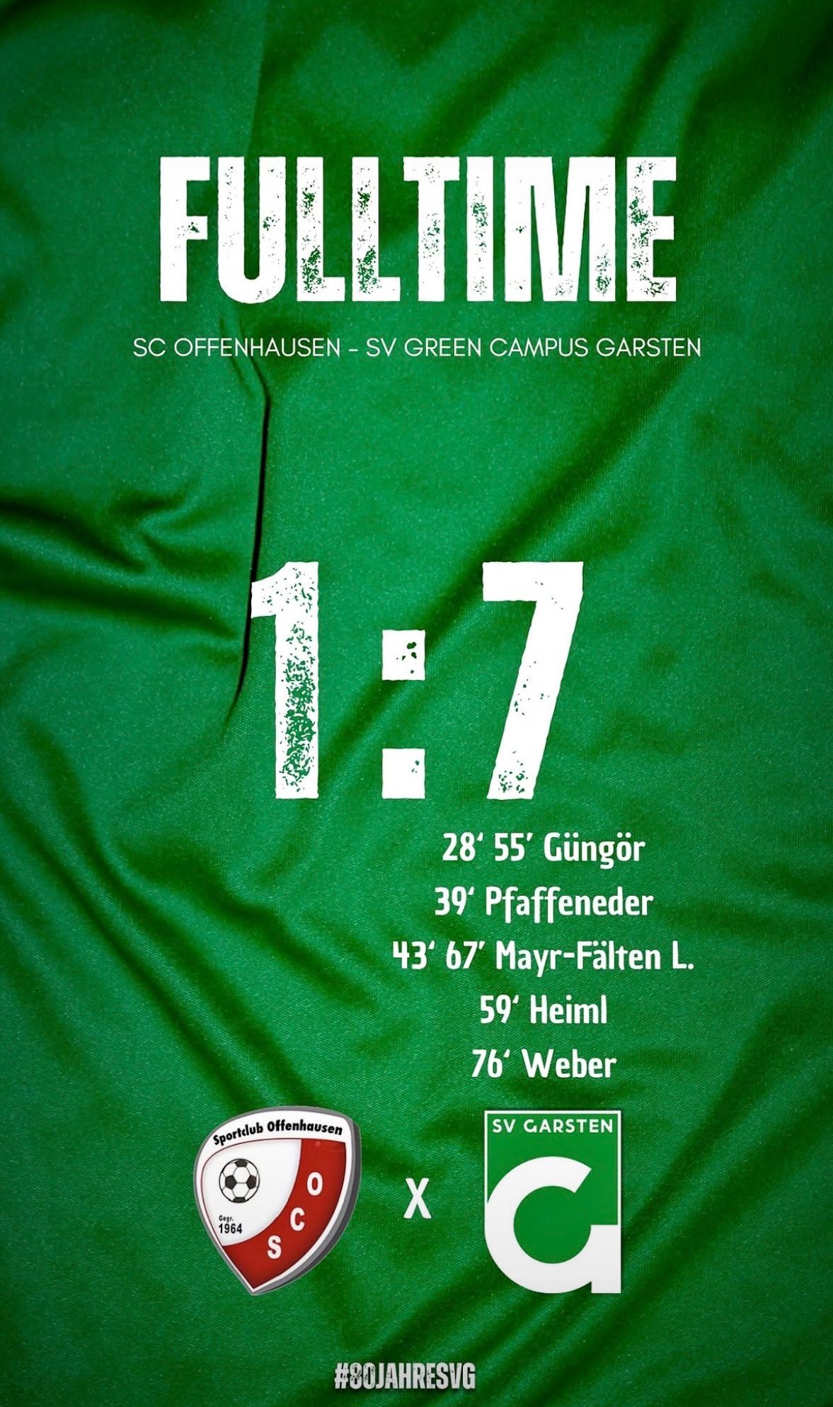 Ein Fußballspielbericht für SC Offenhausen gegen SV Green Campus Garsten. Das Ergebnis ist 1-7. Spieler aufgelistet mit ihren jeweiligen Spielzeiten.