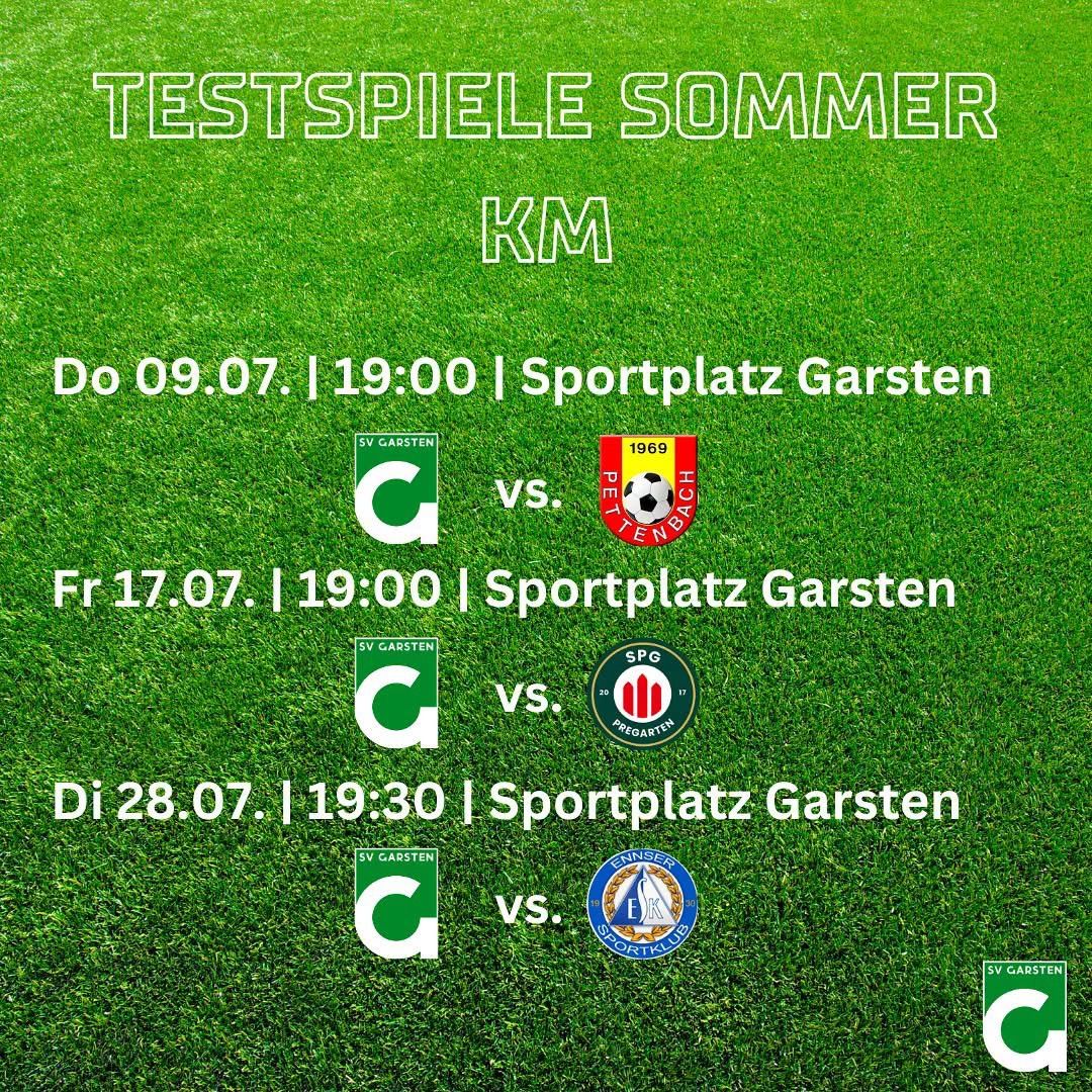 A grass field displays a soccer match schedule with three dates. The matches are held at Sportplatz Garsten. Teams are SV Garsten and others.
