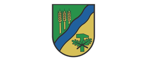 Ein Schild mit einem grünen Feld, blauer Wellenlinie, drei Weizenähren und einem grünen T mit Blättern unten rechts.