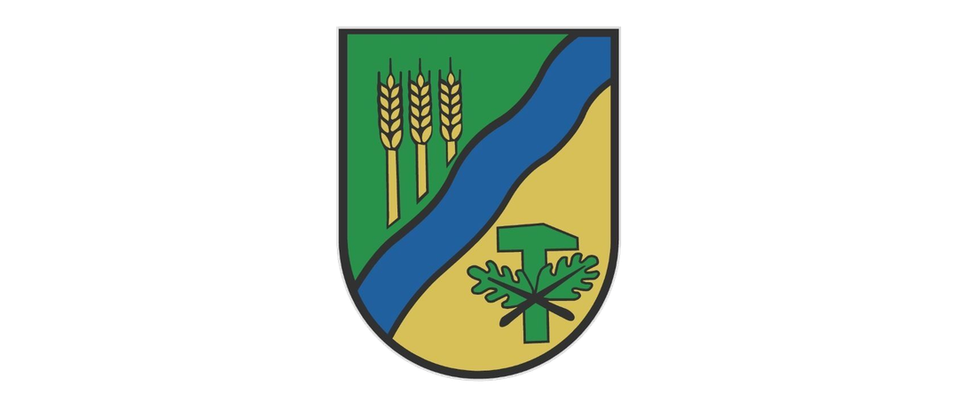 Ein Schild mit einem grünen Feld, blauer Wellenlinie, drei Weizenähren und einem grünen T mit Blättern unten rechts.