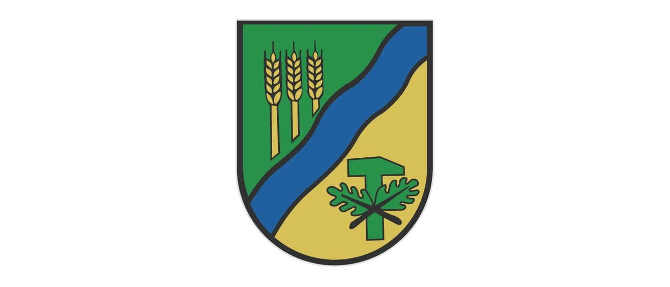 Ein Schild mit einem grünen Feld, blauer Wellenlinie, drei Weizenähren und einem grünen T mit Blättern unten rechts.