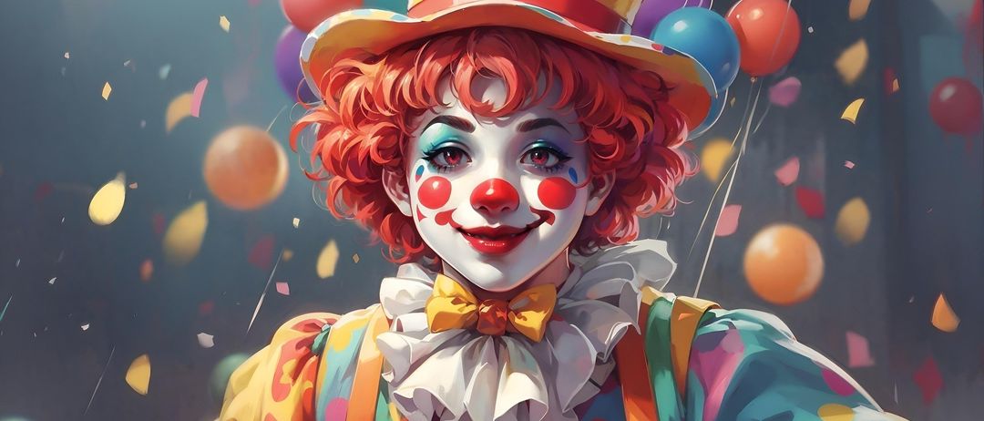 Ein gemalter Clown mit roten Haaren, einem bunten Hut und mehrfarbiger Kleidung mit Punkten steht da, während Ballons herumschweben.