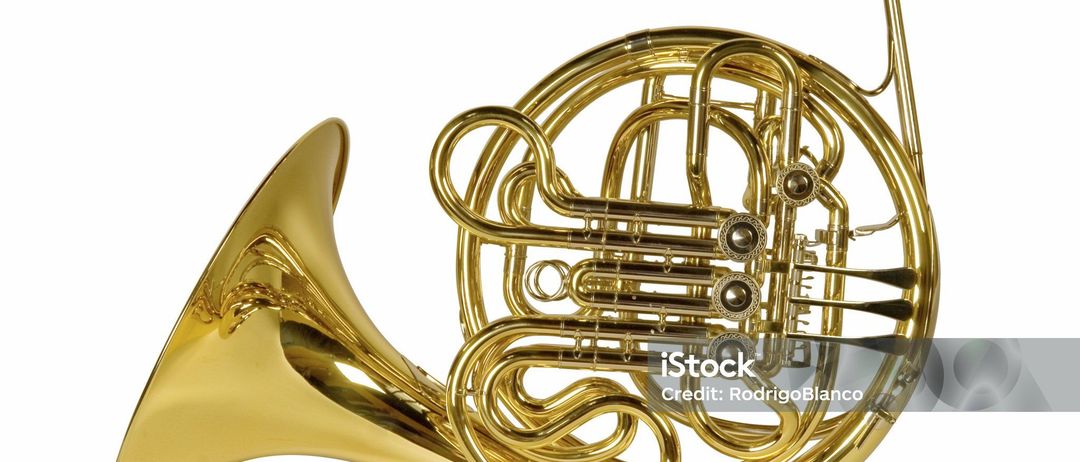 Ein goldenes Waldhorn wird vor einem weißen Hintergrund isoliert, wobei seine komplizierte Konstruktion und polierte Oberfläche zur Geltung kommt. Es ist ein Instrument von Schönheit und Komplexität.