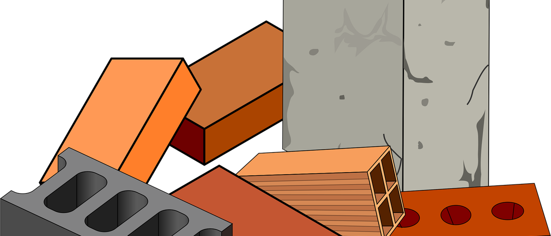 Illustration von Baumaterialien, darunter ein großer Betonblock, mehrere Ziegel und ein Holzblock auf schwarzem Hintergrund.