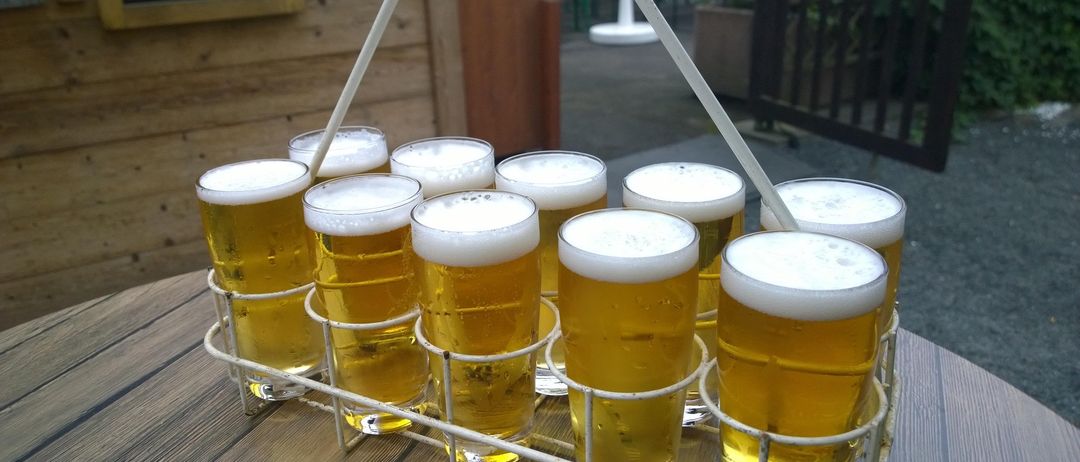 Ein Tablett mit acht Gläsern Bier mit Schaum auf einem Holztisch. Das Tablett hat einen Griff. Im Hintergrund sind Bänke zu sehen.