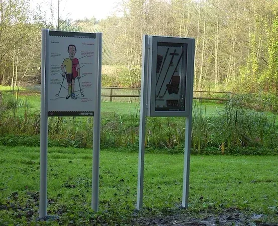 Zwei Schilder stehen in einem Feld mit einem Zaun dahinter. Das linke Schild zeigt ein Diagramm einer Person. Das rechte Schild hat ein Glasfenster mit einer Zeichnung.