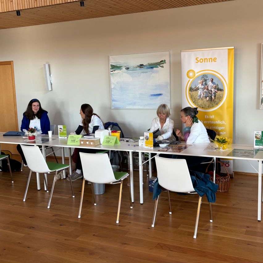 Fünf Frauen sitzen an einem Tisch in einem Besprechungsraum mit einem Banner, das Sonne sagt. Sie diskutieren wahrscheinlich etwas.