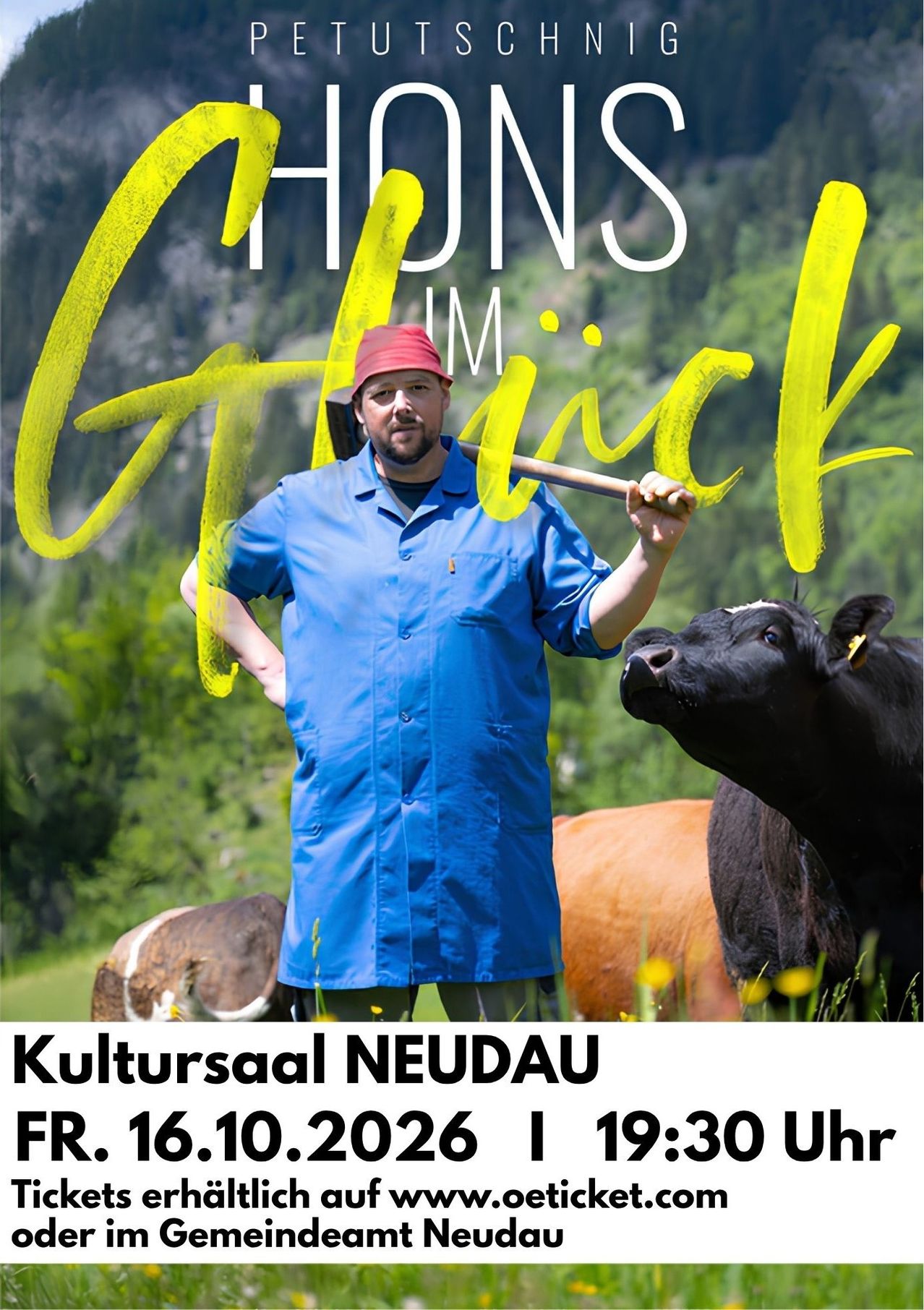Ein Mann in einem blauen Mantel und rotem Hut hält eine Schaufel in einem Feld mit Kühen und Bergen im Hintergrund. Der Text 'Gfrick' ist prominent in Gelb angezeigt.