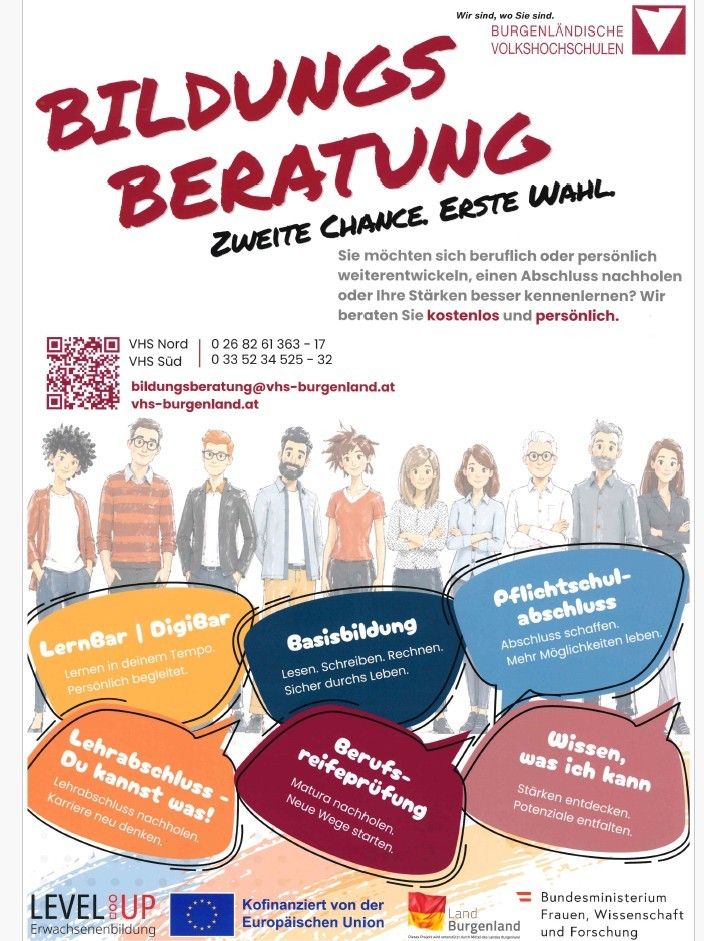 Ein Plakat für Bildungsberatung. Es zeigt eine Gruppe von Menschen mit Sprechblasen und einem QR-Code für weitere Informationen. Der Text hebt verschiedene Dienstleistungen wie Lernen im eigenen Tempo, Karriereberatung und mehr hervor.