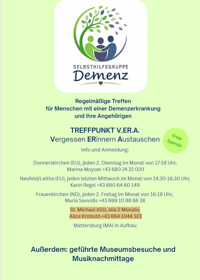 Ein Flyer für die Selbsthilfegruppe 'Demenz', der regelmäßige Treffen für Menschen mit Demenz und ihre Angehörigen anbietet. Der Flyer enthält Treffpunkte und Kontaktdaten.