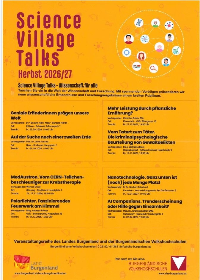 Ein Plakat, das die Village Talks-Veranstaltung im Herbst 2026/27 ankündigt, mit verschiedenen wissenschaftlichen Vorträgen und Präsentationen. Themen sind genetische Entdeckungen, pflanzliche Ernährung, Kriminalpsychologie, Medizintechnologie, Nanotechnologie und KI-Begleiter. Die Veranstaltung wird von den Burgenländischen Volkshochschulen organisiert.