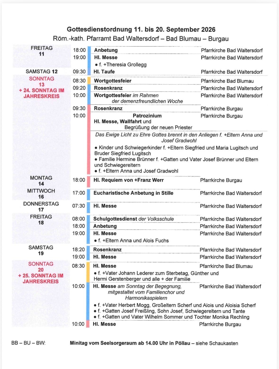 A weekly schedule of church services and events at Pfarrkirche Bad Waltersdorf, including masses, baptisms, and special services.
