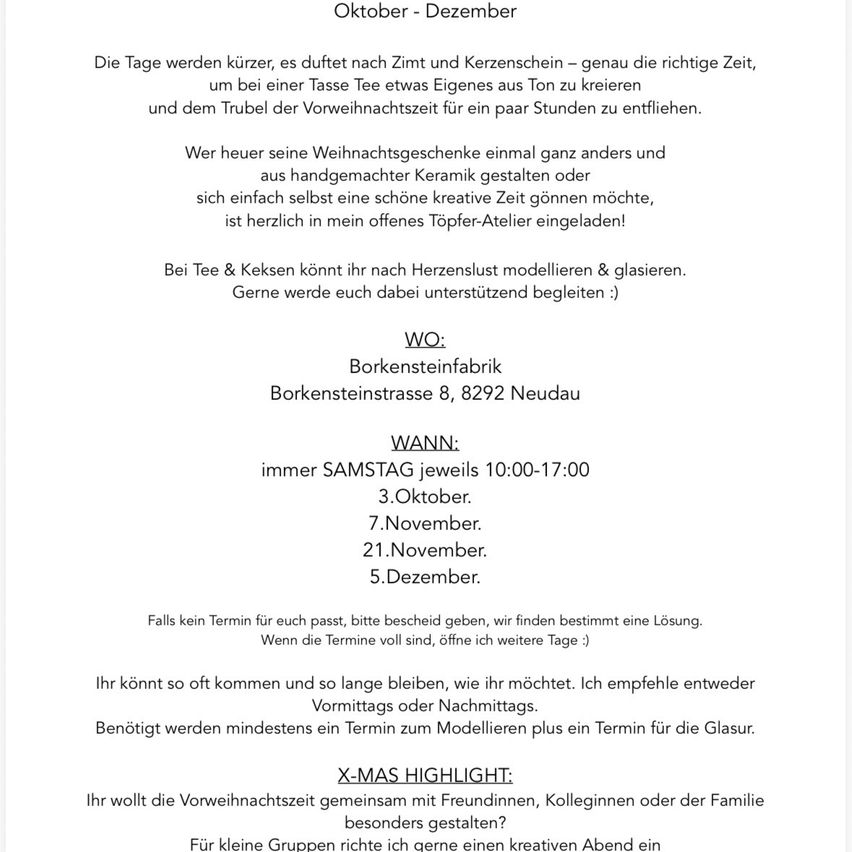A flyer advertising a pottery workshop for creating handmade ceramic Christmas gifts. It provides details about the workshop's location, dates, and times. It also mentions the possibility of extending the workshop dates if all slots are full.