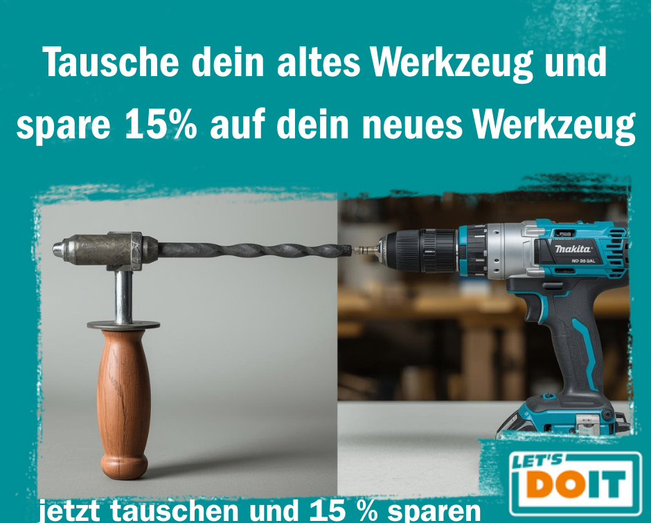 Trade in your old tool and receive 15% off your new tool. An image of a drill and a drill bit with a wooden handle and a Makita logo is shown.