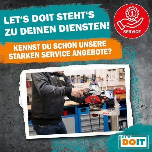 Plakat mit Service-Angeboten, auf dem ein Mann eine Maschine in einer Werkstatt bedient. Der Text lautet: Let's Doit steht zu Ihren Diensten. Kennen Sie schon unsere starken Service-Angebote?