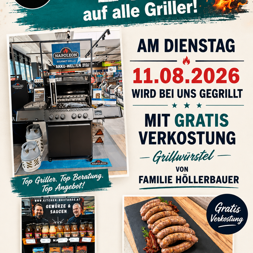 Werbung für Napoleon Gourmet Grills mit einem Grill im Schaufenster und einem Mann, der kostenlose Verkostungen anbietet. Das Datum ist 11.08.2026.