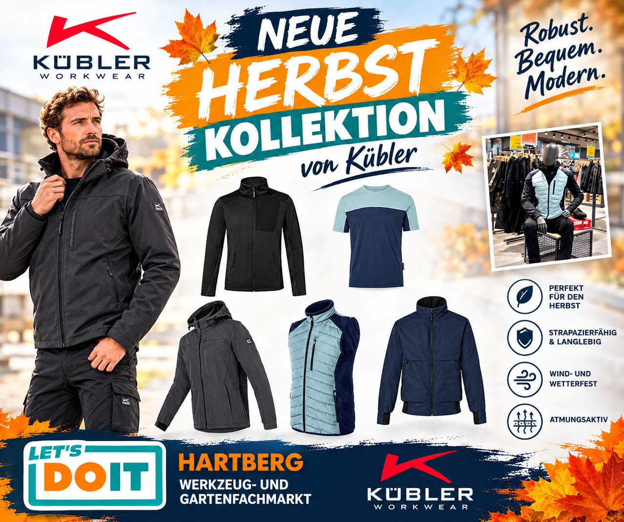 A man in a black jacket stands in front of a poster advertising a new autumn collection of workwear by Kübler. The poster features various jackets and a mannequin wearing a jacket.