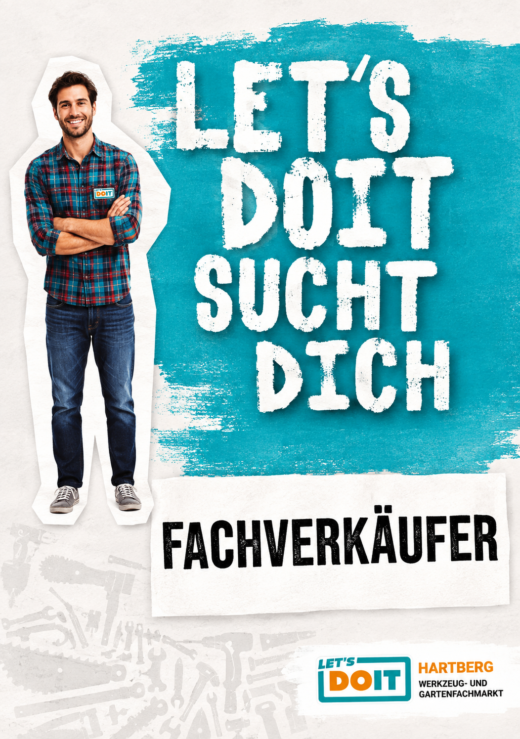 A man in a plaid shirt and jeans stands confidently with his arms crossed, advertising a job opening for a specialist. The background is blue with white text.