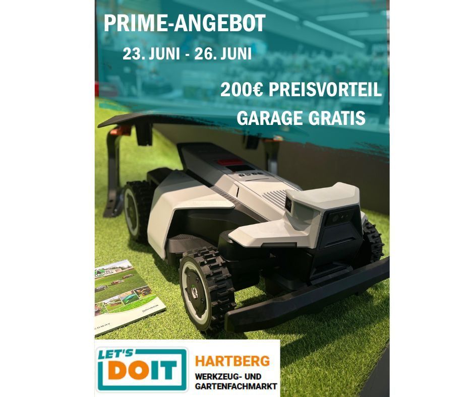 Werbeanzeige für einen Prime Robot Rasenmäher mit 200 Euro Rabatt und kostenloser Garage. Termine: 23.-26. Juni. Werbelogo am unteren Rand.