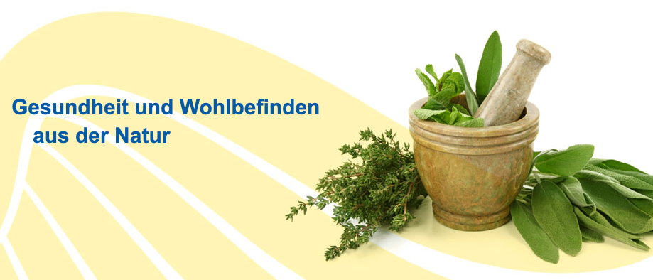 Ein Bild von einem Mörser und Stößel gefüllt mit Kräutern, mit dem deutschen Text 'Heilheit und Wohlbefinden der Natur' darüber.