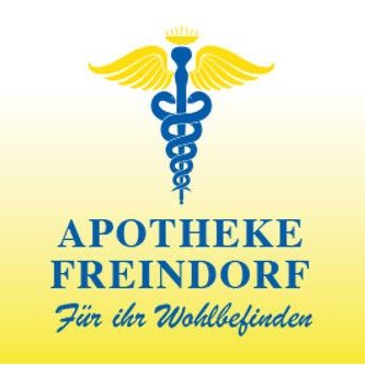 Das Bild zeigt das Logo der Apotheke Freindorf, das einen blauen Caduceus mit Flügeln auf gelbem Hintergrund darstellt. Darunter steht deutlich 'Für Ihr Wohlbefinden'.