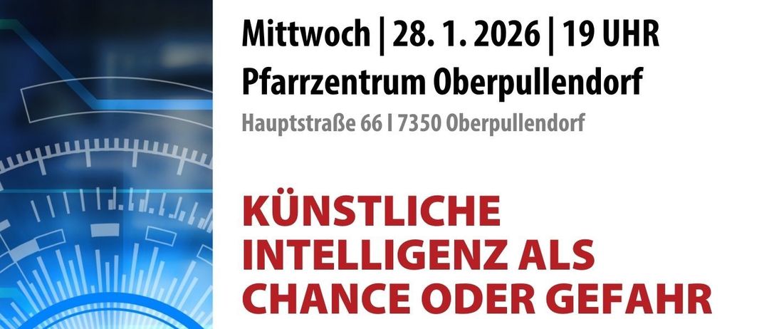 Ein Plakat für eine Veranstaltung über künstliche Intelligenz, präsentiert von Dr. Robert Wurzrainer, der über die Auswirkungen auf die Gesellschaft spricht. Es werden die Chancen und Risiken von KI hervorgehoben. Freier Eintritt. Kontakt: barbara.hushinger@martin.at.