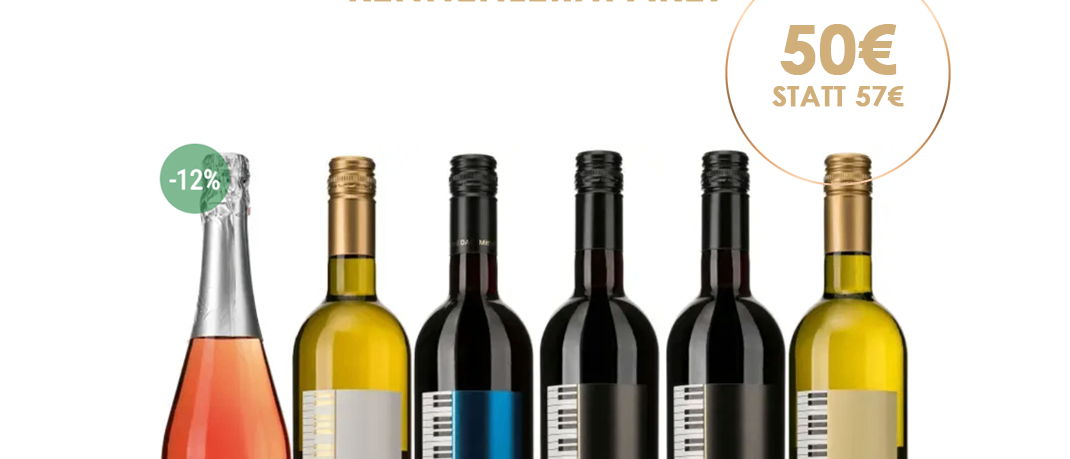 Eine Anzeige für ein Wein-Lernpaket mit einem Rabatt von 12%. Das Paket enthält 1x Liszante 2024, 1x Muscat 2024, 1x Grüner Veltliner 2024, 1x Blaufränkisch DAC Ragaberg 2022 und 1x Liszt Cuvée 2021, alle mit 90 Falstaff Punkten. Der ursprüngliche Preis beträgt 57€, jetzt reduziert auf 50€.