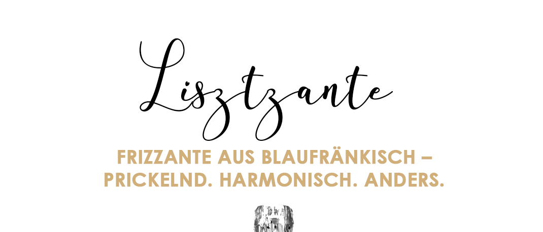 Eine Flasche Lisztzante-Sekt steht aufrecht, mit einem weißen Etikett und einem Barcode. Der Hintergrund ist weiß und der Text 'FRIZZANTE AUS BLAUFRÄNKISCH - PRICKELND. HARMONISCH. ANDERS.' befindet sich über der Flasche.