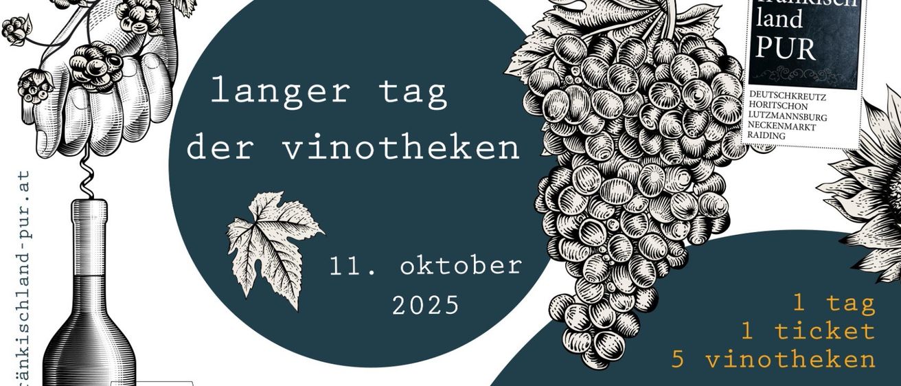 Plakat für den Langen Tag der Weinkeller am 11. Oktober 2025 mit Illustrationen von Trauben, Wein und einem Weinglas. Das Ticket gilt für die Shuttle-Taxi und beinhaltet einen 10% Rabattgutschein für die Weinkeller.