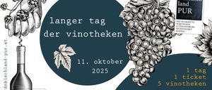 Plakat für den Langen Tag der Weinkeller am 11. Oktober 2025 mit Illustrationen von Trauben, Wein und einem Weinglas. Das Ticket gilt für die Shuttle-Taxi und beinhaltet einen 10% Rabattgutschein für die Weinkeller.