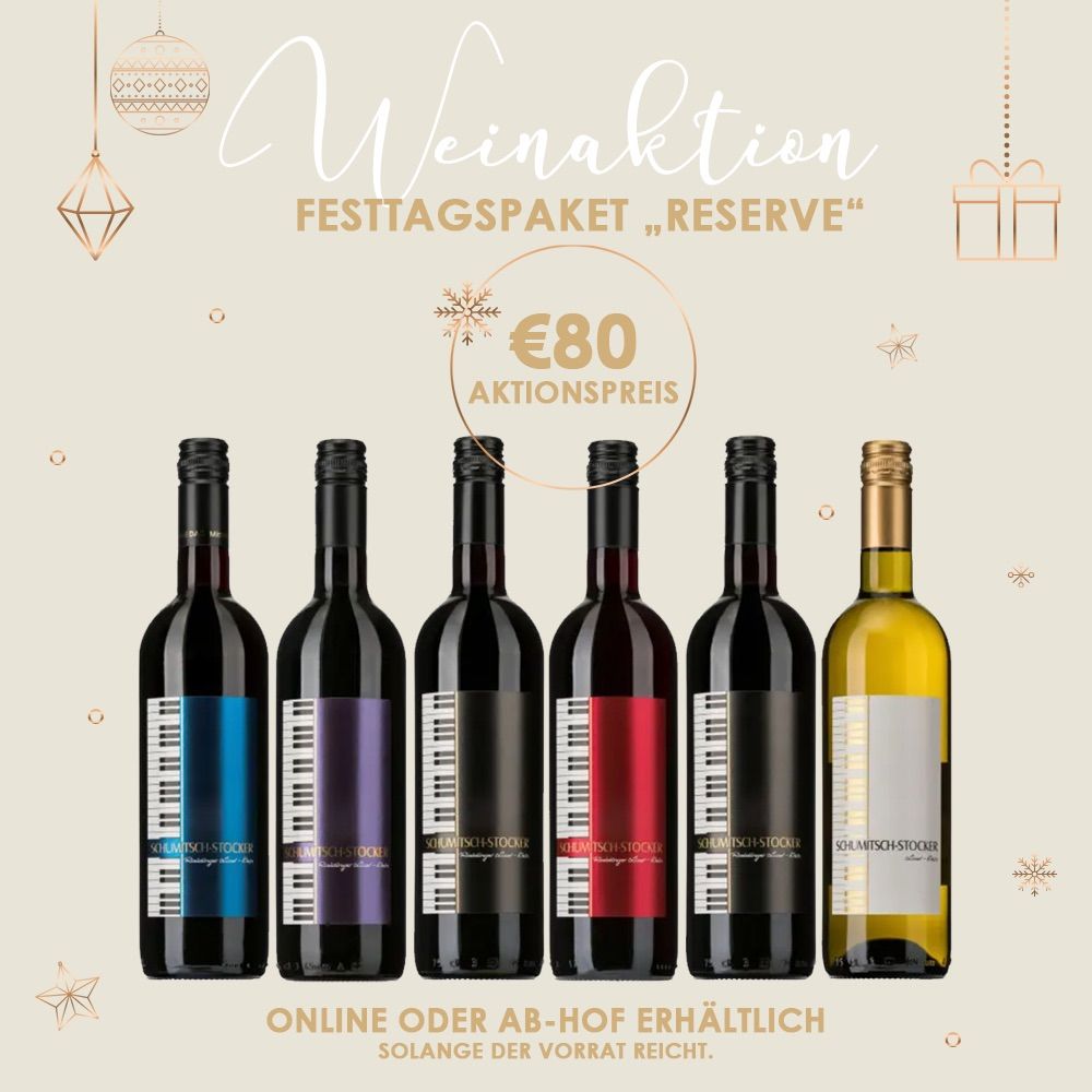 Poster shows six bottles of wine with piano key designs on labels. It says 'Christmas Offer: Reserve', '80 Euro Special Price', and 'Available online or in-store while supplies last.'