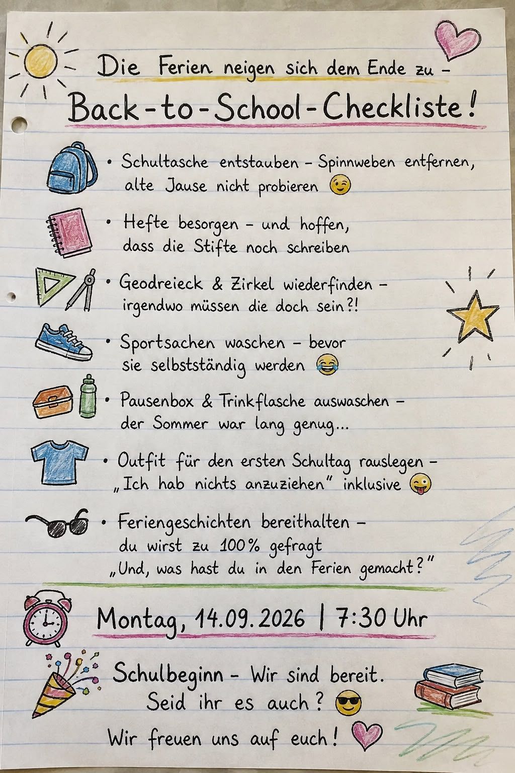 A handwritten to-do list on a lined notebook with various tasks and a date. Tasks include cleaning a backpack, buying notebooks, finding a compass and compass, washing sports bags, washing a lunchbox and a bottle, preparing an outfit for the first day of school, and preparing vacation stories. The date is Monday, September 14, 2026, at 7:30 AM.