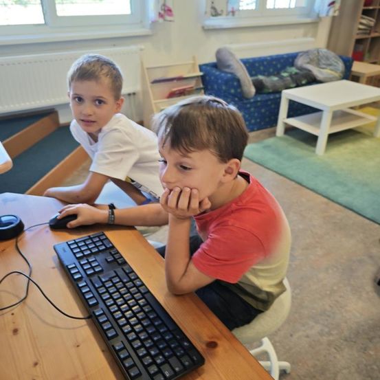 Zwei junge Jungen sitzen an einem Holzschreibtisch mit einem Computer, einer benutzt die Maus, während der andere aufmerksam zusieht. Im Hintergrund steht eine blaue Couch mit Kissen und ein weißer Tisch.