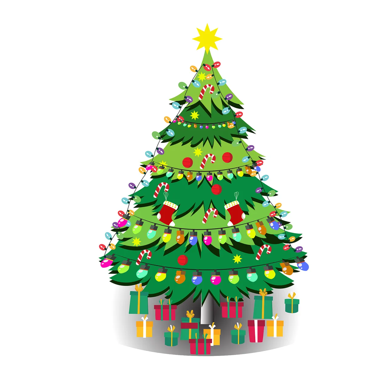 Ein wunderschön geschmückter Weihnachtsbaum mit bunten Lichtern, Ornamenten und Süßigkeiten. Er steht mit einem Stern oben und Geschenken um den Sockel.