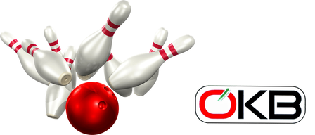Illustration von Bowlingkegel und Bowlingkugel in Bewegung. Ein roter Bowlingball ist im Vordergrund positioniert, mit mehreren Bowlingkegeln, die um ihn herum fliegen. Ein Logo für OK ist in der unteren rechten Ecke sichtbar.