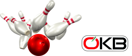 Ein roter Bowlingball und Bowlingkegel sind in der Luft auf einem weißen Hintergrund. Ein Logo ist auf der rechten Seite sichtbar.