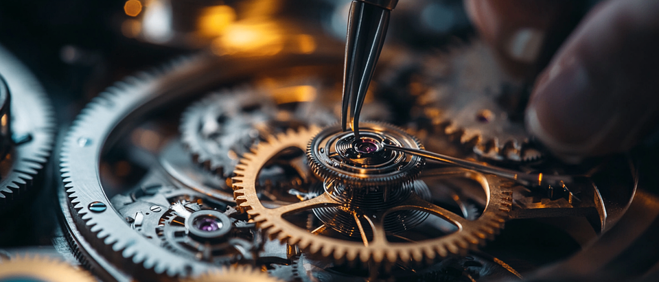 Nahaufnahme der Hand eines Uhrmachers, der das innere Uhrwerk einer Uhr justiert, mit sichtbaren komplizierten Zahnrädern und Federn.