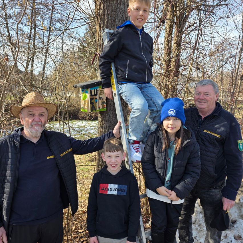A family stands in a wooded area with a boy on a ladder near a treehouse. The boy wears a jacket and sneakers, while others wear winter clothing.