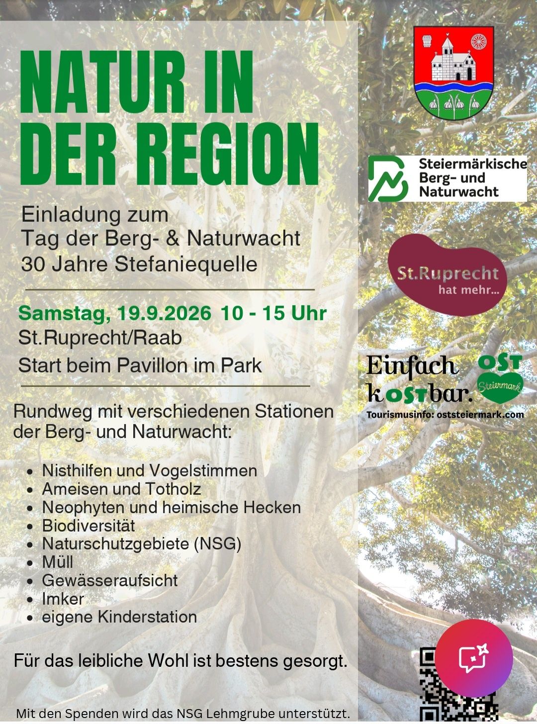 Plakat für die Veranstaltung 'Tag der Berg- & Naturwacht', die 30 Jahre Stephaniequelle feiert. Geplant für Samstag, 19. September 2026, von 10 bis 15 Uhr in St. Ruprecht/Raab. Die Veranstaltung beginnt am Pavillon im Park.