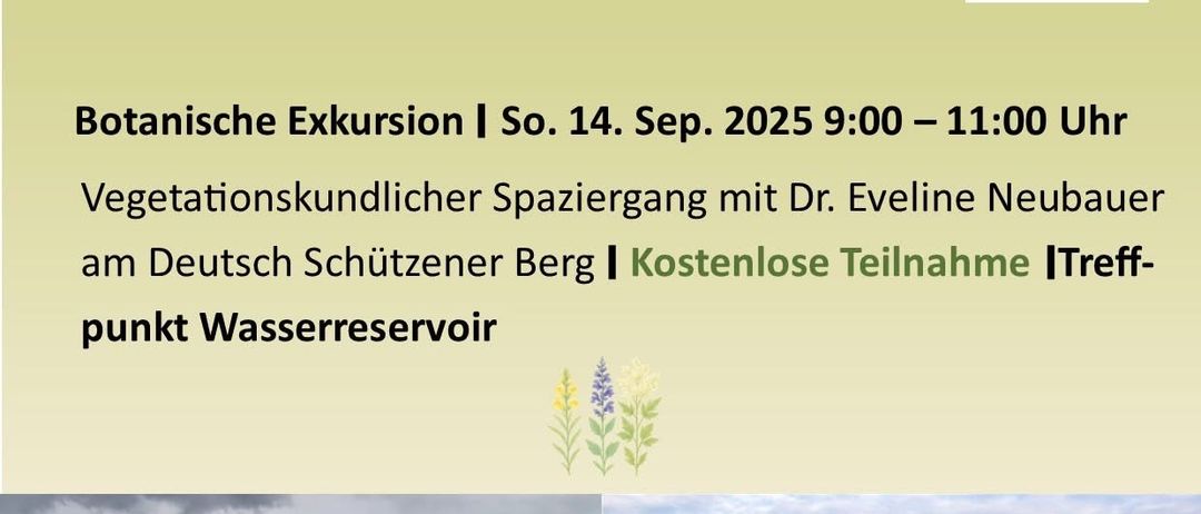 Ein Plakat für zwei botanische Exkursionen im Jahr 2025. Die erste am 13. September mit Stefan Weiss, kostenlos. Die zweite am 14. September mit Dr. Eveline Neubauer, ebenfalls kostenlos. Beide haben landschaftliche Bilder.